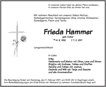 Traueranzeige von Frieda Hammer von Dinkelsbühl/ Feuchtwangen