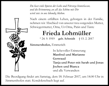 Traueranzeige von Frieda Lohmüller von Neustadt/ Scheinfeld/ Uffenheim