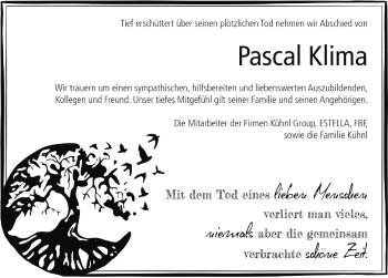 Traueranzeige von Pascal Klima von Neustadt/ Scheinfeld/ Uffenheim