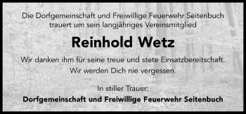 Traueranzeige von Reinhold Wetz von Neustadt/ Scheinfeld/ Uffenheim