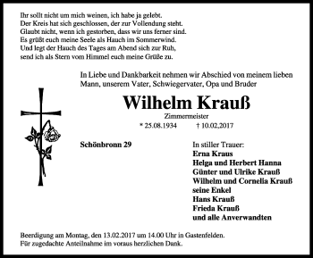 Traueranzeige von Wilhelm Krauß von Rothenburg