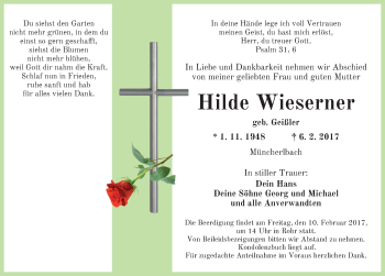 Traueranzeige von Hilde Wieserner von Ansbach