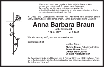 Traueranzeige von Anna Barbara Braun von Ansbach