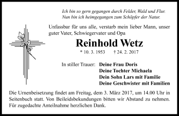 Traueranzeige von Reinhold Wetz von Neustadt/ Scheinfeld/ Uffenheim