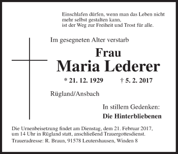 Traueranzeige von Maria Lederer von Ansbach