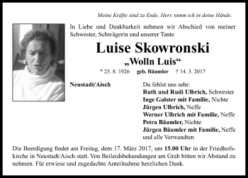 Traueranzeige von Luise Skowronski von Neustadt/ Scheinfeld/ Uffenheim