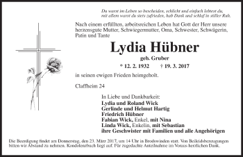 Traueranzeige von Lydia Hübner von Ansbach