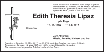 Traueranzeige von Edith Theresia Lipsz von Ansbach