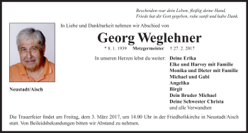 Traueranzeige von Georg Weglehner von Neustadt/ Scheinfeld/ Uffenheim