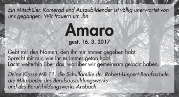 Traueranzeige von Amaro  von Ansbach