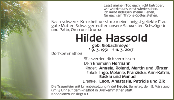 Traueranzeige von Hilde Hassold von Dinkelsbühl/ Feuchtwangen