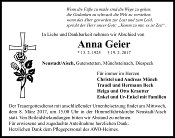 Traueranzeige von Anna Geier von Neustadt/ Scheinfeld/ Uffenheim