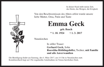 Traueranzeige von Emma Geck von Ansbach