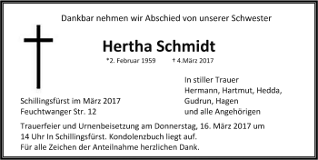 Traueranzeige von Hertha Schmidt von Rothenburg