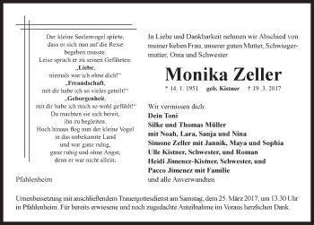 Traueranzeige von Monika Zeller von Neustadt/ Scheinfeld/ Uffenheim