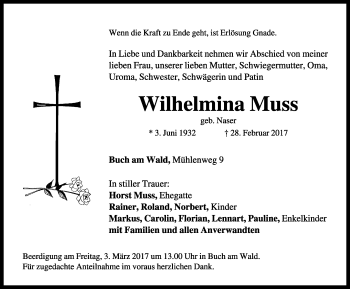 Traueranzeige von Wilhelmina Muss von Rothenburg