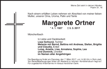 Traueranzeige von Margarete Ortner von Ansbach