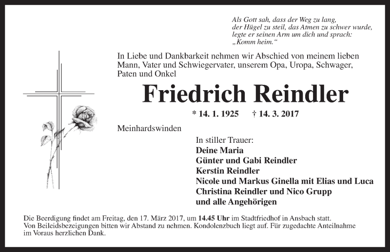  Traueranzeige für Friedrich Reindler vom 16.03.2017 aus Ansbach