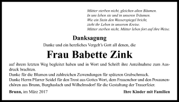 Traueranzeige von Babette Zink von Neustadt/ Scheinfeld/ Uffenheim