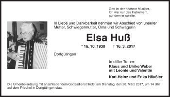 Traueranzeige von Elsa Huß von Dinkelsbühl/ Feuchtwangen