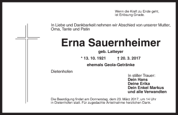 Traueranzeige von Erna Sauernheimer von Ansbach