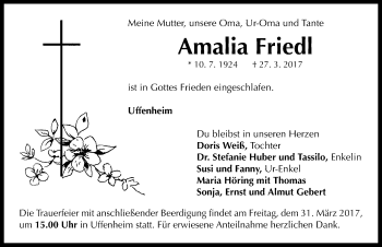 Traueranzeige von Amalia Friedl von Neustadt/ Scheinfeld/ Uffenheim