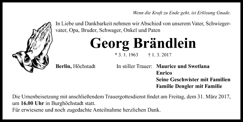  Traueranzeige für Georg Brändlein vom 29.03.2017 aus Neustadt/ Scheinfeld/ Uffenheim