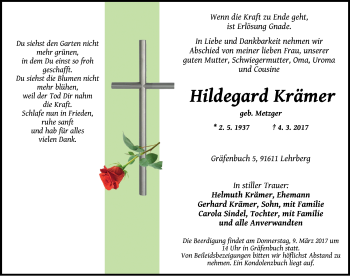 Traueranzeige von Hildegard Krämer von Ansbach