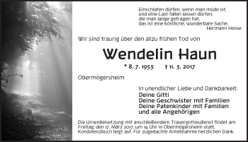 Traueranzeige von Wendelin Haun von Dinkelsbühl/ Feuchtwangen