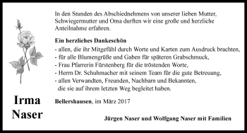 Traueranzeige von Irma Naser von Rothenburg