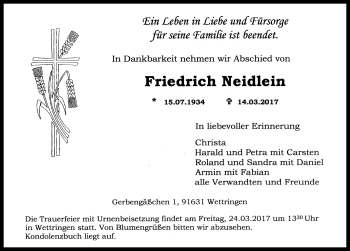 Traueranzeige von Friedrich Neidle von Rothenburg