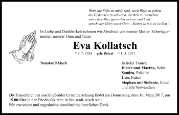 Traueranzeige von Eva Kollatsch von Neustadt/ Scheinfeld/ Uffenheim