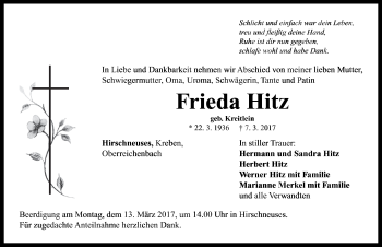 Traueranzeige von Frieda Hitz von Neustadt/ Scheinfeld/ Uffenheim