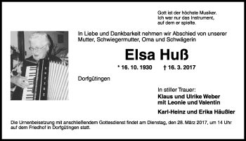 Traueranzeige von Elsa Huß von Rothenburg