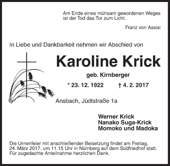 Traueranzeige von Karoline Krick von Ansbach