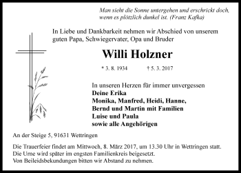 Traueranzeige von Willi Holzner von Rothenburg