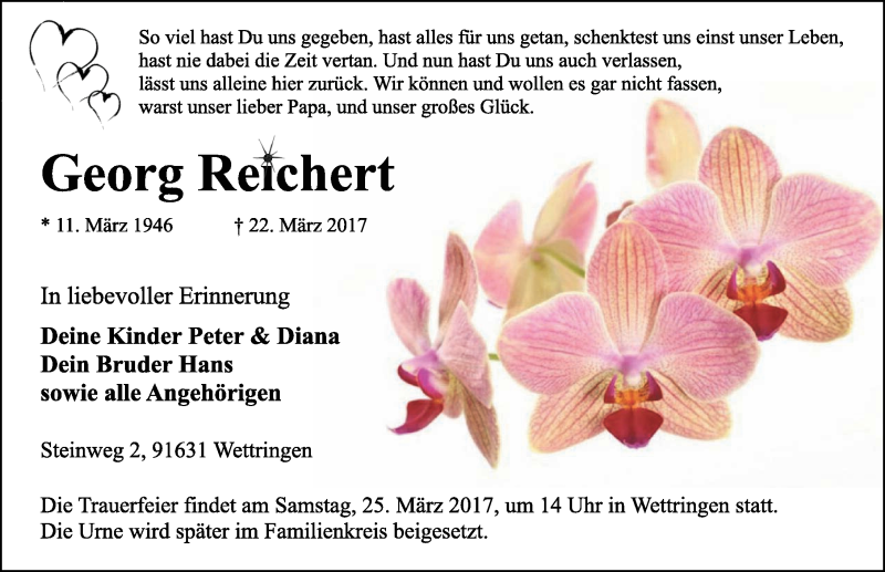  Traueranzeige für Georg Reichert vom 24.03.2017 aus Ansbach