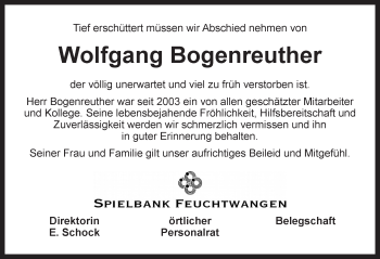 Traueranzeige von Wolfgang Bogenreuther von Dinkelsbühl/ Feuchtwangen