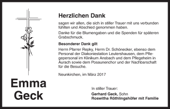 Traueranzeige von Emma Geck von Ansbach