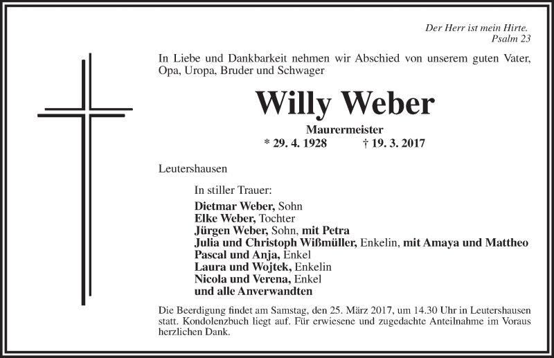  Traueranzeige für Willy Weber vom 23.03.2017 aus Ansbach