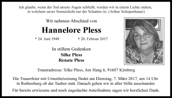 Traueranzeige von Hannelore Pless von Rothenburg