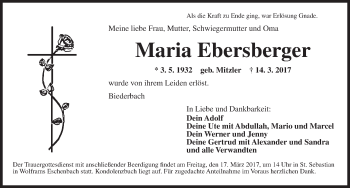 Traueranzeige von Maria Ebersberger von Ansbach