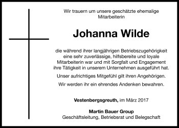 Traueranzeige von Johanna Wilde von Neustadt/ Scheinfeld/ Uffenheim