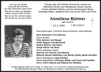 Traueranzeige von Anneliese Büttner von Dinkelsbühl/ Feuchtwangen