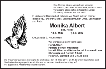 Traueranzeige von Monika Albert von Ansbach