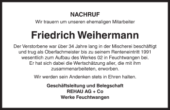 Traueranzeige von Friedrich Weihermann von Dinkelsbühl/ Feuchtwangen