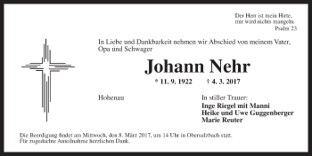 Traueranzeige von Johann Nehr von Ansbach