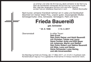 Traueranzeige von Frieda Bauereiß von Ansbach