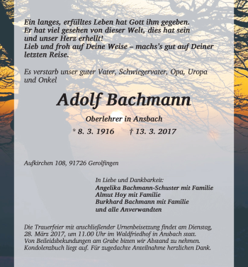 Traueranzeige von Adolf Bachmann von Ansbach