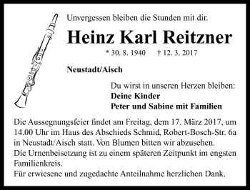 Traueranzeige von Heinz Karl Reitzner von Neustadt/ Scheinfeld/ Uffenheim